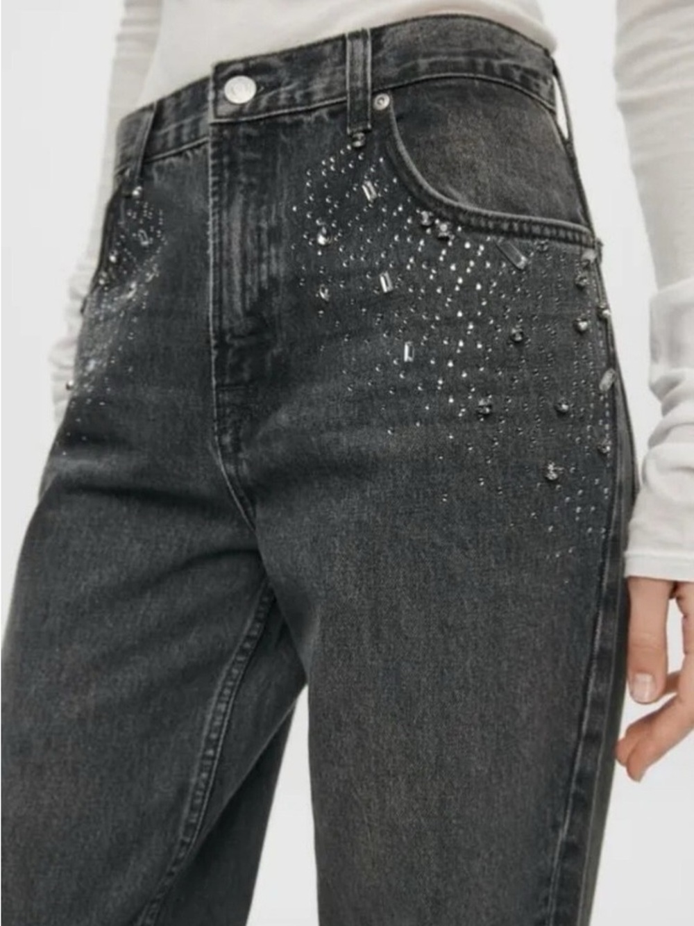 Zara Black Silver Rhinestone Mid Rise Straight Cur Jewel Jeans Sz 6